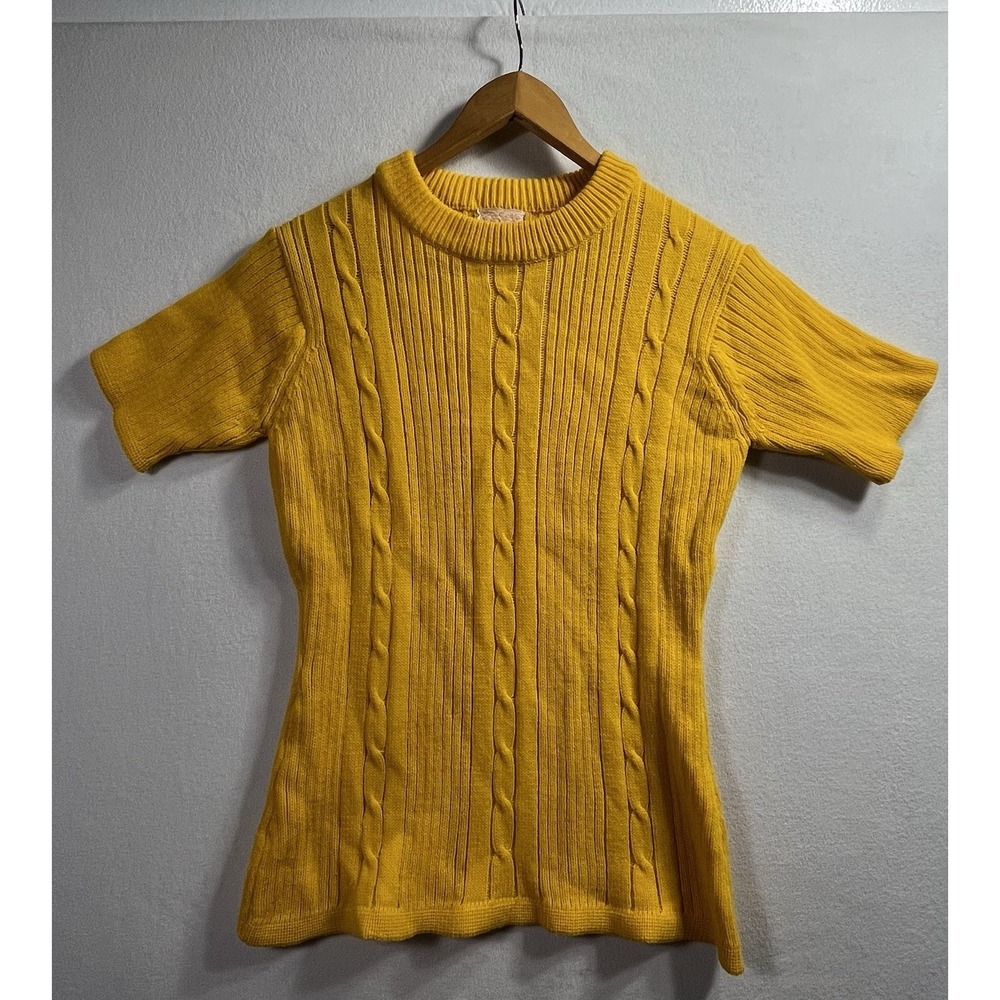 VTG 80s Sweater XS/S? Yellow Cable Knit Short Sleeve Korea Preppy Grandmacore